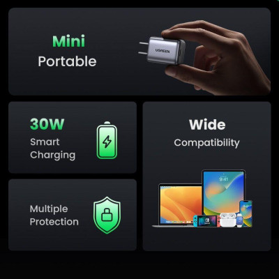 Ugreen UG90901CD319TK 30W chuẩn cắm US Màu Xám Củ sạc nhanh GAN cổng USB-C - HÀNG CHÍNH HÃNG