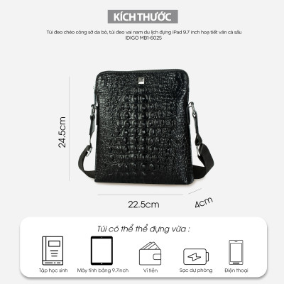 Túi xách công sở da thật cao cấp, túi đeo chéo nam đựng IPAD 9.7 inch họa tiết vân cá sấu nổi bật IDIGO MB1 - 6025