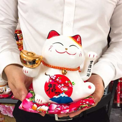 Mèo Thần Tài  Maneki Neko  vẫy tay chiêu tài lộc 16cm bằng gốm sứ - mẫu giao ngẫu nhiên