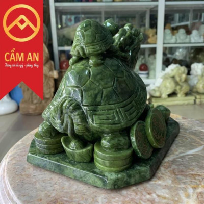 Tượng Long Quy ( Rùa đầu rồng ) cõng con phong thủy đá ngọc Serpentine Ấn độ - Dài 22 cm