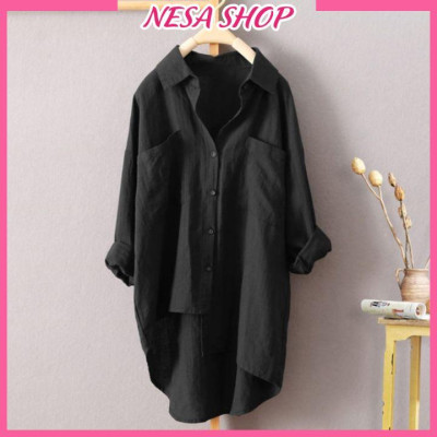 Áo sơ mi nữ phom rộng dài tay, chất liệu Đũi tơ mềm mịn, sơ mi nữ kiểu tà lệch NeSa Shop SMH.31