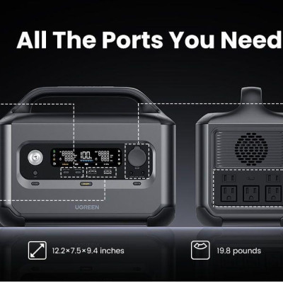 Ugreen UG15050GS600TK max 1200w ra 2c2a2dc + 220v EU x 2 LCD trạm sạc di động 600W pin rắn LFP BYD input solar - car - ac dùng app IOT - HÀNG CHÍNH HÃNG