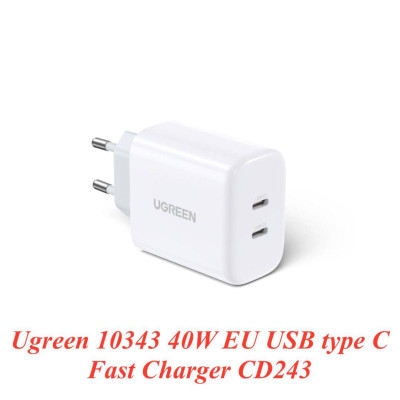 Ugreen UG10343CD243TK 40W 2 Port Màu Trắng Bộ sạc nhanh 2 cổng USB-C chân cắm tròn EU - HÀNG CHÍNH HÃNG