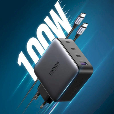 Ugreen UG40747CD226TK 100W EU PD3.0 GaN màu đen 3C + 1A sạc siêu nhanh 4 cổng 3 x usb type C và 1 x A chân cắm tròn - HÀNG CHÍNH HÃNG