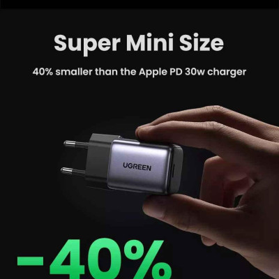 Ugreen UG90666CD319TK 30W Space Gray Bộ sạc nhanh Nexode GaN cổng USB-C chuẩn cắm EU - HÀNG CHÍNH HÃNG
