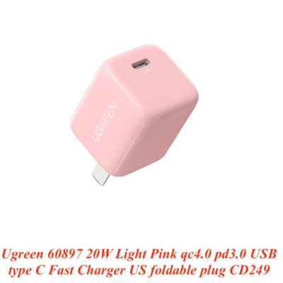 Ugreen UG60897CD249TK 20W Màu Hồng Bộ Sạc nhanh QC4.0 PD 3.0 USB Type-C chuẩn cắm US - HÀNG CHÍNH HÃNG