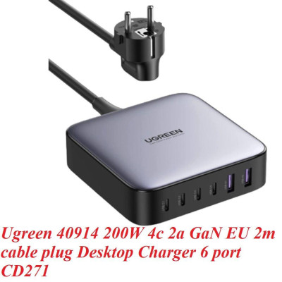 Ugreen UG40914CD271TK 200W cáp nguồn dài 2M chuẩn cắm EU Màu Xám Bộ sạc nhanh có 4 cổng USB-C và 2 cổng USB-A - HÀNG CHÍNH HÃNG