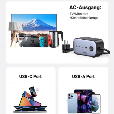 Ugreen UG60167CD270TK 100W 1.8M Bộ sạc nhanh DigiNest Pro gồm 3 cổng USB-C + USB-A cáp nguồn dài 1.8M chuẩn cắm EU - HÀNG CHÍNH HÃNG