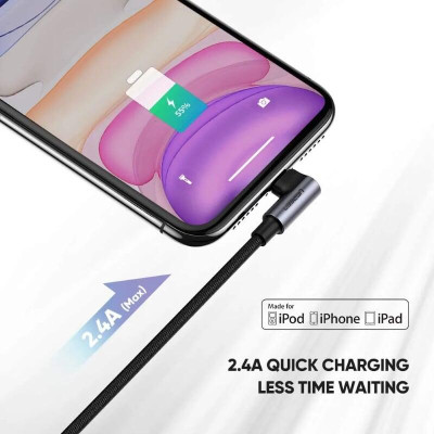 Ugreen UG60521US299TK 1m black usb 2.0a revolution lightning male elbow plug nickel-plated aluminum shell with braided net - HÀNG CHÍNH HÃNG