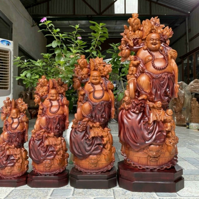 Tượng phật di lặc ngũ phúc bằng gỗ hương đá làm mầu giả cổ kt 40×15×11cm