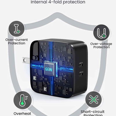 Ugreen UG70866CD216TK 66W 2c QC4.0 chuẩn cắm US Màu Đen Củ sạc nhanh 2 cổng USB type C - HÀNG CHÍNH HÃNG