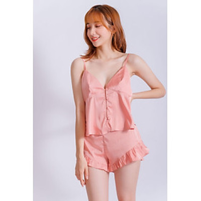 Bộ đồ ngủ dây ngắn Pink Stull nút bọc hồng