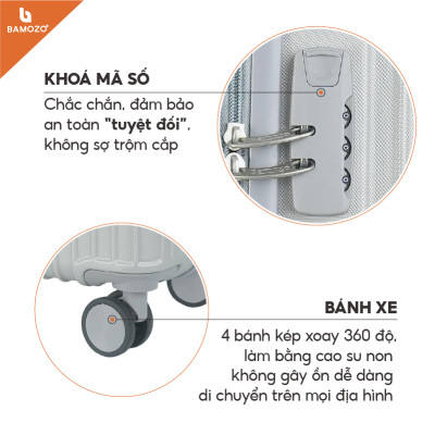 Vali du lịch BAMOZO 8801 MÀU BẠC size 20/24, vali kéo nhựa được bảo hành 5 năm.
