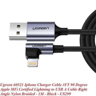 Ugreen UG60521US299TK 1m black usb 2.0a revolution lightning male elbow plug nickel-plated aluminum shell with braided net - HÀNG CHÍNH HÃNG