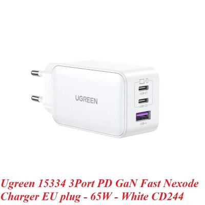 Ugreen UG15334CD244TK 65W 2c1a GaN Nexode chuẩn cắm EU chân tròn Màu Trắng Củ sạc nhanh 2 x USB-C + 1 x USB-A - HÀNG CHÍNH HÃNG