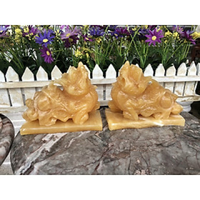 Cặp Tỳ Hưu phong thủy đá ngọc hoàng long có đế - Dài 13 cm