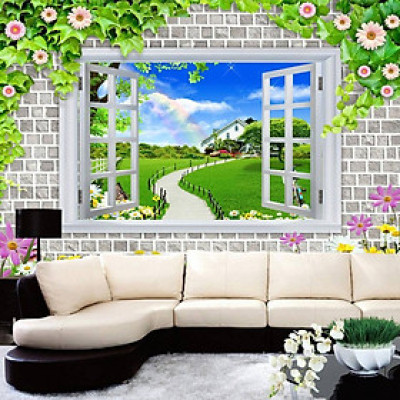 Tranh dán tường 3D cửa sổ hoa đồng tiền CS90