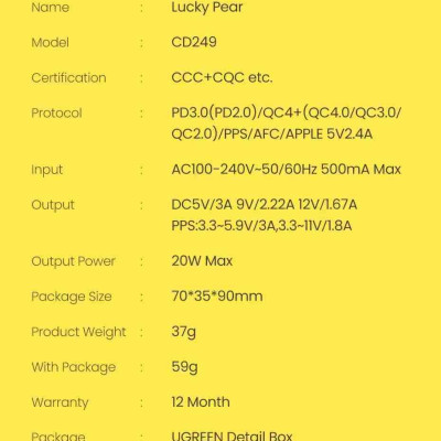 Ugreen UG80947CD249TK 20W Màu Vàng Bộ Sạc nhanh USB-C QC4.0 PD 3.0 Lucky Pear - HÀNG CHÍNH HÃNG