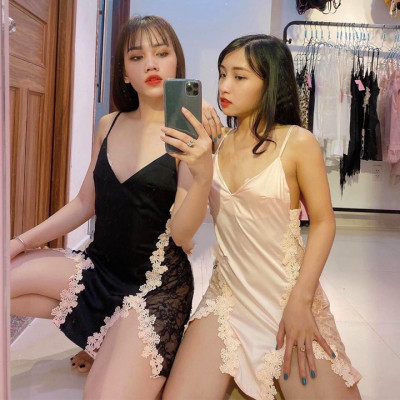 Váy ngủ lụa hai dây ren hông xẻ trước hở lưng quyến rũ Q84 - Đầm ngủ nữ sexy - Đồ ngủ mạc nhà