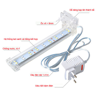 Đèn bể cá cảnh KẸP hồ cá 15cm 25cm 35cm 45cm 60cm BONETAR 10D 20D 30D 40D cao cấp, 2 màu trắng xanh, siêu bền, tiết kiệm điện