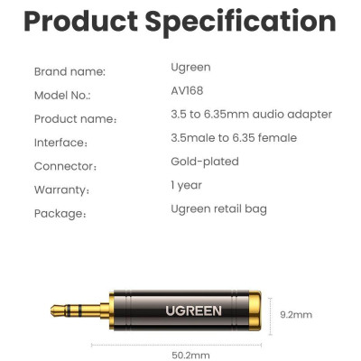 Ugreen UG60711AV168TK 3.5mm đực sang 6.5mm cái Đầu Jack chuyển Audio - HÀNG CHÍNH HÃNG
