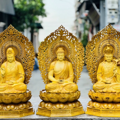 Bộ Tượng phật tây phương tam thánh bằng gỗ gõ vàng kt 90×48×48cm