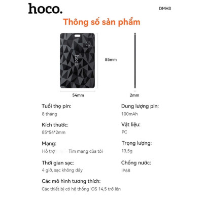 Thẻ định vị Ho,co DMH3 siêu mỏng, pin 100mAh sạc lại được, chống nước IP68, định vị toàn cầu cho iOS - Hàng chính hãng