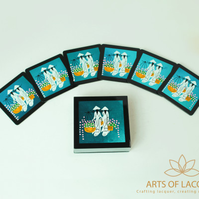 Bộ Lót ly Sơn Mài cao cấp - Áo dài xanh dương - Arts Of Lacquer