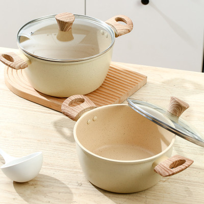 Nồi Đá Chống Dính Nhật Cao Cấp - Nồi Bếp Từ Vân Đá Có Quai Cầm Bằng Gỗ, Nắp Kính Sang Trọng