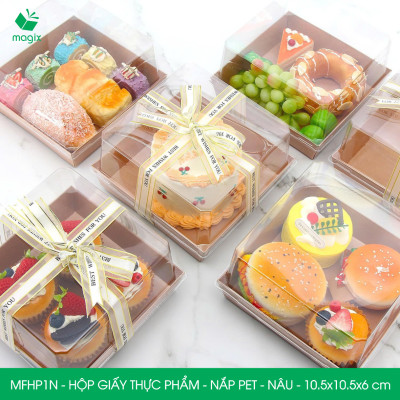 MFHP1N - 10.5x10.5x6 cm - 25 hộp giấy kraft thực phẩm màu nâu nắp Pet, hộp giấy vuông đựng thức ăn, hộp bánh nắp trong