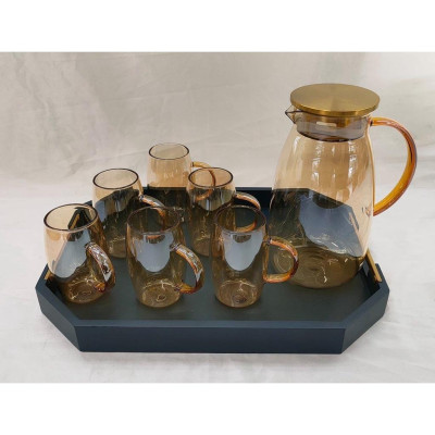 COMBO BỘ BÌNH CỐC THỦY TINH MÀU VÀNG GÔN CHỊU NHIỆT CAO CẤP KÈM KHAY ( KHAY XANH GIAO NGẪU NHIÊN )