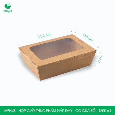 MFH4B - 1600ml - 100 hộp giấy kraft đựng thực phẩm, hộp giấy đựng thức ăn có cửa sổ, hộp đựng cơm