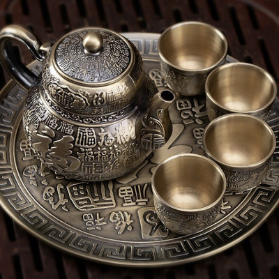 BỘ ẤM CHÉN TRÀ BẰNG ĐỒNG GIẢ CỔ HỌA TIẾT RỒNG - VD95