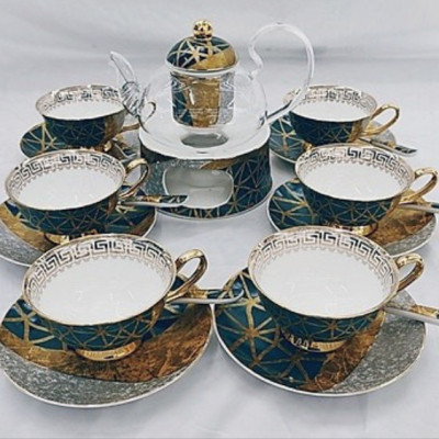 BỘ BÌNH TRÀ THỦY TÌNH KÈM ĐẾ CHẤM NẾN 6 CỐC VÂN ĐÁ XANH - ANTH687