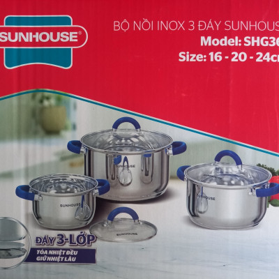 Bộ 3 Nồi Inox 3 Đáy Sunhouse SHG361 - Hàng Chính Hãng