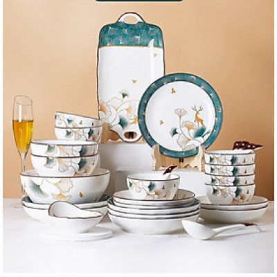 Bộ Bát Đĩa Thương Hiệu Gosu Hoạ Tiết Hoa Sen Xanh cao cấp