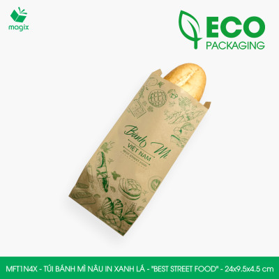 MFT1N4X - 24x9.5x4.5 cm - 1000 Túi bánh mì Nâu, in sẵn họa tiết BEST STREET FOOD - Bao bánh mì Túi giấy thực phẩm an toàn