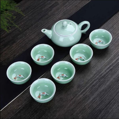 Bộ Ấm chén Ngọc 3D Hình Cá Gồm 1 Ấm và 6 Tách Uống Trà