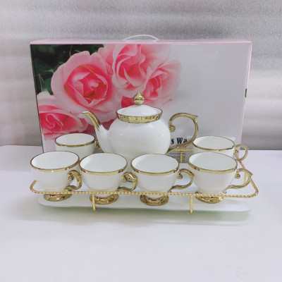 BỘ ẤM CHÉN KÈM KHAY SỨ CAMELIA  TRẮNG VIỀN VÀNG KHUNG KIM LOẠI SANG TRỌNG LCICJ SỰ - ANTH409 