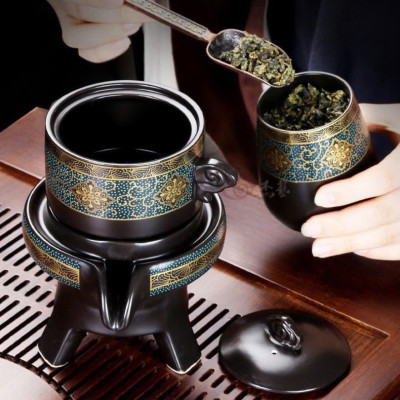 Bộ Ấm Chén Pha Trà Tử Sa Cao Cấp - Xanh Đen Vàng - 1 Ấm Trà, 6 Chén Trà, Cối Xay Kèm Hộp Quà Tặng Sang Trọng - HÀNG CHÍNH HÃNG MINIIN