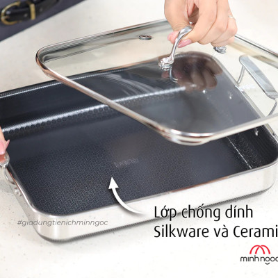 [Hàng chính hãng-iMat hybrid] Chảo vuông đa năng 24cm hai tay cầm iMat Hybrid kèm vung kính  chống dính Ceramic đen