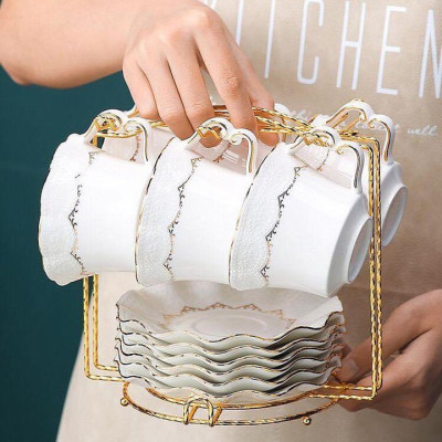 BỘ ẤM THỦY TINH  PHA TRÀ HOA KÈM KHAY SỨ, 6 CỐC VÀ GIÁ TREO KIM LOẠI MẠ VÀNG - VD56