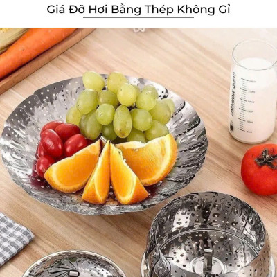 Khay hấp Xửng hấp Vỉ hấp inox kiêm khay đựng trái cây xòe có 3 chân gấp gọn tiện lợi