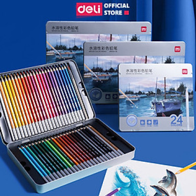 Bút Chì Màu Gốc Nước Cao Cấp Deli 24/36/48/72 Màu Hộp Thiếc - Không Dễ Gãy Tô Vẽ Tranh Chuyên Nghiệp