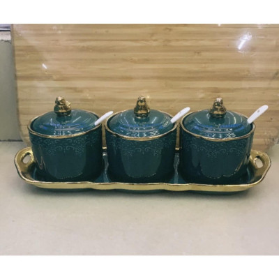 BỘ 3 HŨ ĐỰNG GIA VỊ SỨ HOA VĂN SẦN NỔI SANG TRỌNG