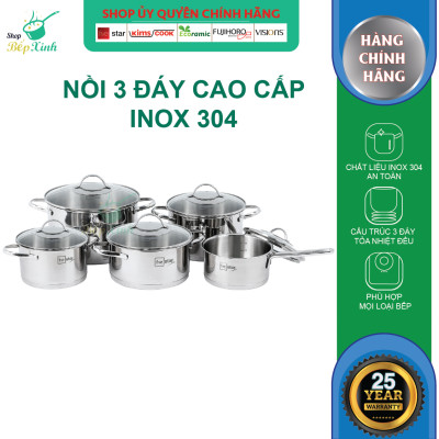 Combo bộ nồi inox quánh xửng chảo chống dính cao cấp FIVESTAR 7 món nắp kính 3 đáy dùng được bếp từ , hồng ngoại , gas