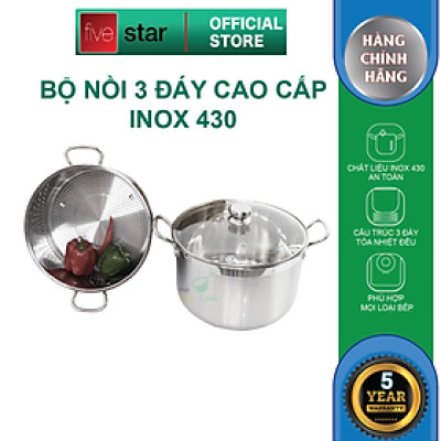 Bộ nồi xửng hấp inox cao cấp Fivestar 3 đáy từ nắp kính tặng 2 muỗng canh