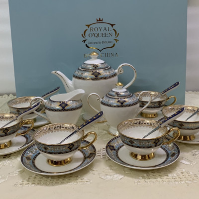 BỘ BÌNH TRÀ CÀ PHÊ SỨ XƯƠNG CAO CẤP TRẮNG VIỀN XANH GHI - VD32