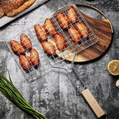 Kẹp nướng chữ nhật có tay cầm gỗ cách nhiệt, nướng cá, kẹp nướng, kẹp rau củ, nướng thịt