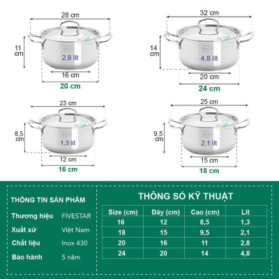 Nồi inox 3 đáy sandwich inox 430 FiveStar Standard bếp từ nắp inox  16cm / 18cm / 20cm / 24cm , tặng 1 vá canh , dùng được mọi bếp